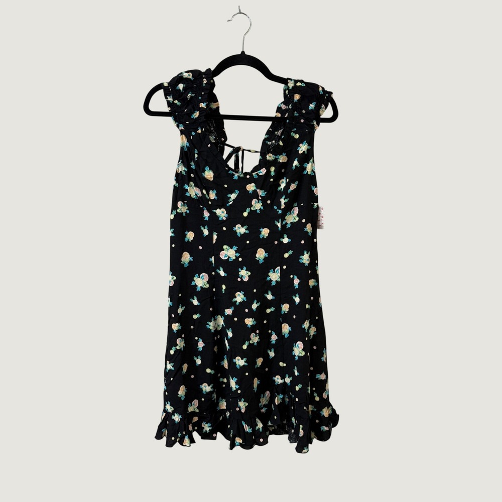Free People Floral Polka Dot Mini Dress Black Ruffles Cottage Whimsigoth S NWT